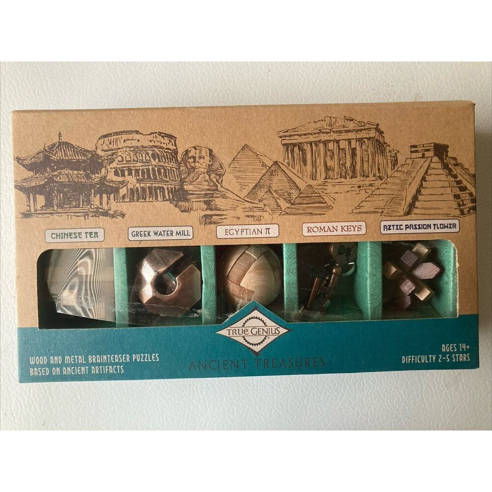 True Genius Ancient Treasures Gift Box 5 wood & metal Brainteasers Puzzle age14+